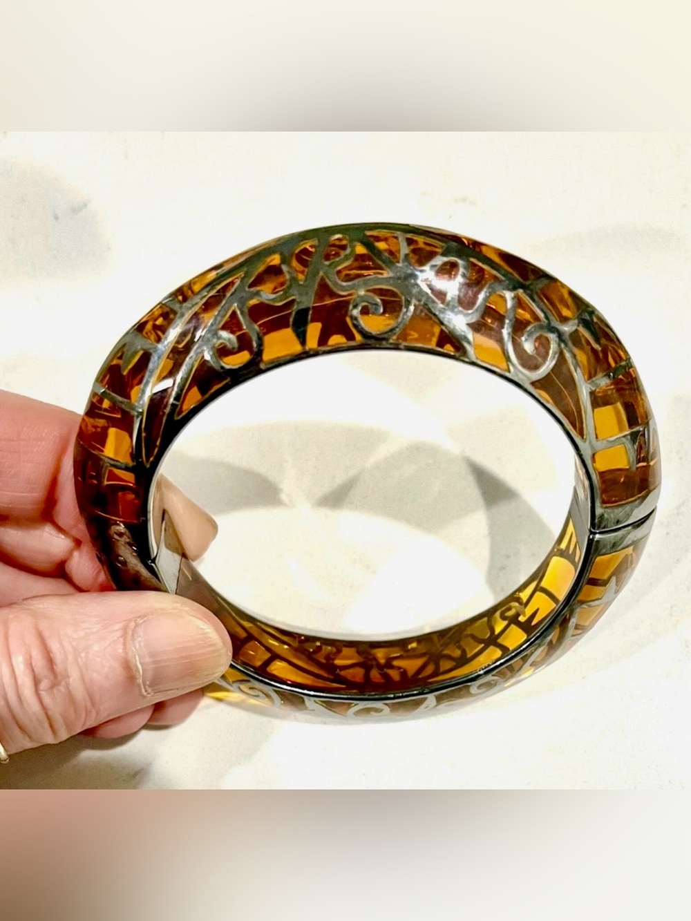 Cristina Sabatini Amber Lucite Silver Hinged Bangle Bracelet